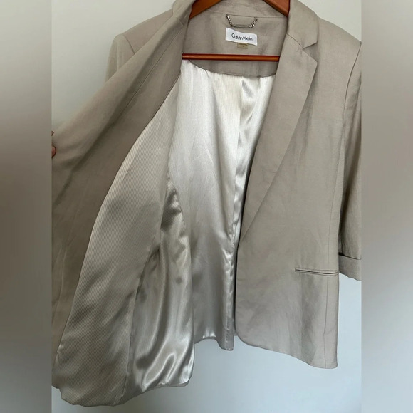 CALVIN KLEIN Beige Women Linen Blazer 3/4 Cuffed Sleeves Size 14 - Picture 10 of 10